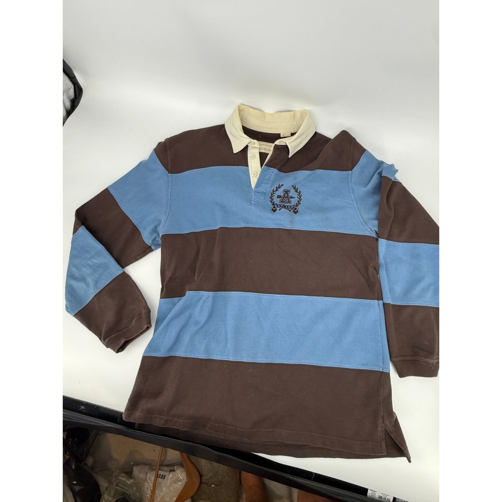 Arrow Vintage Rugby Shirt Mens‎ Large Brown Blue Striped Heavy Duty Cotton Polo - Picture 6 of 9